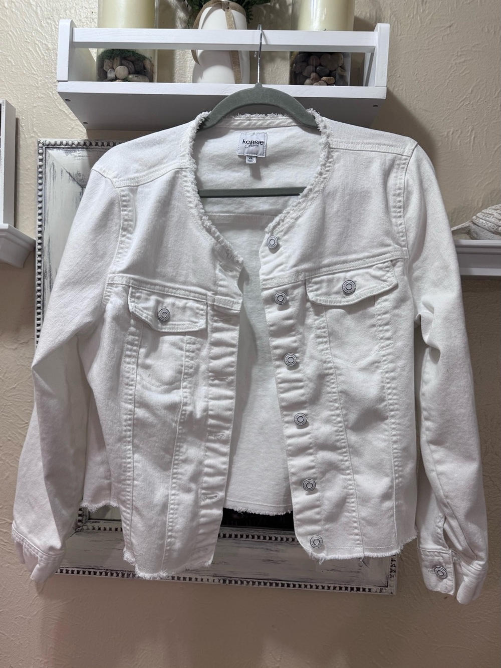 Kensie Women's White Denim Jacket - Collarless Frayed Hem XL